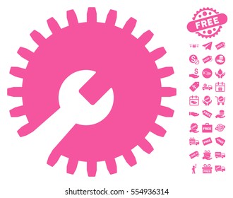 Gear Tools icon with free bonus images. Vector illustration style is flat iconic symbols, pink color, white background.