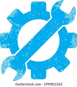 Gear tools icon with grunge effect. Isolated vector gear tools icon image with grunge rubber texture on a white background.