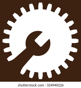 Gear Tools vector icon. Style is flat symbol, white color, rounded angles, brown background.