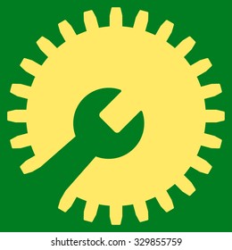Gear Tools vector icon. Style is flat symbol, yellow color, rounded angles, green background.