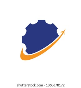 Gear travel vector logo design. Abstract airplane travel fly with gear logo design.	