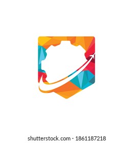 Gear travel vector logo design. Abstract airplane travel fly with gear logo design.	