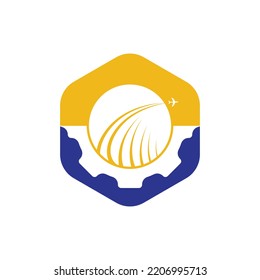 Diseño del logotipo del vector de desplazamiento de los engranajes. Resumen vuelo de viaje de avión con diseño de logotipo de engranajes.	