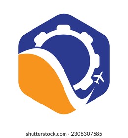 Diseño del logotipo del vector de desplazamiento de los engranajes. Resumen de vuelo de viaje de avión con diseño de logotipo de engranajes.Diseño del logotipo del vector de viaje de engranajes. Resumen vuelo de viaje de avión con diseño de logotipo de engranajes.