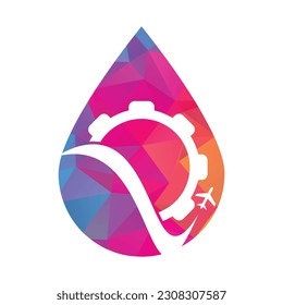 Diseño del logotipo del vector de desplazamiento de los engranajes. Resumen vuelo de viaje de avión con diseño de logotipo de engranajes.