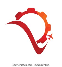 Gear travel vector logo design. Abstract airplane travel fly with gear logo design.