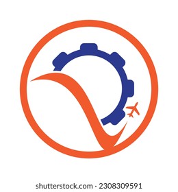 Gear travel vector logo design. Abstract airplane travel fly with gear logo design.