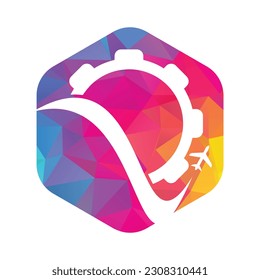 Gear travel vector logo design. Abstract airplane travel fly with gear logo design.
