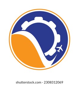 Gear travel vector logo design. Abstract airplane travel fly with gear logo design.