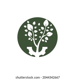 Gear tree vector logo design template. Modern nature technology logo. Green eco tech and industry logo concept.