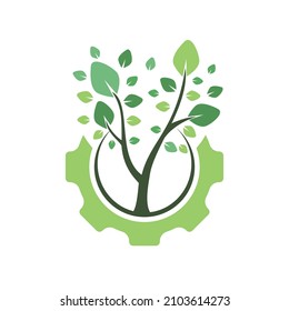 Gear tree vector logo design template. Modern nature technology logo. Green eco tech and industry logo concept.