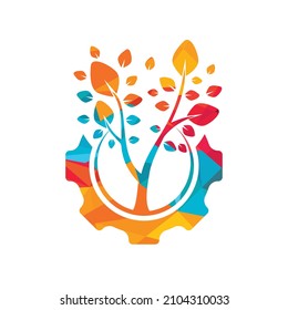 Plantilla de diseño del logotipo del vector del árbol de engranajes. Logo de la tecnología de la naturaleza moderna. El concepto de logotipo ecológico y de industria.