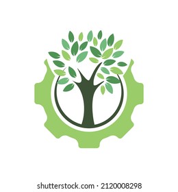 Gear Tree Vector Logo Design Template. Modern Nature Technology Logo. Green Eco Tech And Industry Logo Concept.	