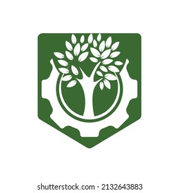 Gear tree vector logo design template. Modern nature technology logo. Green eco tech and industry logo concept.	