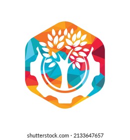 Gear tree vector logo design template. Modern nature technology logo. Green eco tech and industry logo concept.	