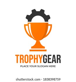 Gear trophy vector logo template. This design use winner symbol. Suitable for tournament.