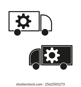 Gear truck icon. Black and white vehicles. Simple vector design. Logistics symbol.