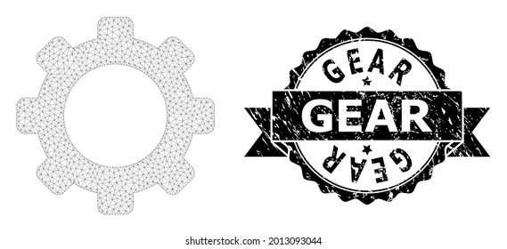 Gear unclean stamp and vector gear mesh model. Black stamp includes Gear text inside ribbon and rosette. Abstract flat mesh gear, designed with flat mesh.