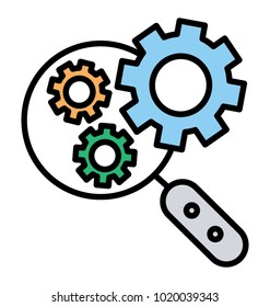 Gear under magnifier, services evaluation colored line icon
