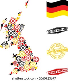 Gear United Kingdom map collage and seals. Vector collage composed of clock gear elements in different sizes, and Germany flag official colors - red, yellow, black.