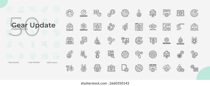 Conjunto de iconos editables de la línea del Actualizar de engranajes. Ilustración vectorial en el estilo de línea delgada moderna de los iconos del Actualizar del engranaje: proceso, sistema, engranaje, etc