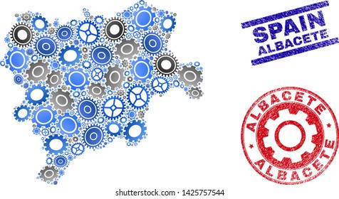 Gear vector Albacete Province map collage and seals. Abstract Albacete Province map is organized from gradiented randomized gear wheels. Engineering territory plan in gray and blue colors,