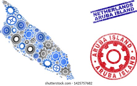 Gear vector Aruba Island map mosaic and seals. Abstract Aruba Island map is done with gradient random gear wheels. Engineering territorial plan in gray and blue colors,