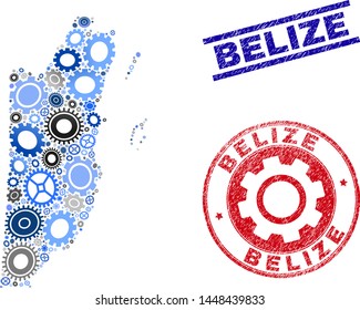 Gear vector Belize map collage and stamps. Abstract Belize map is composed from gradiented random gear wheels. Engineering territory plan in gray and blue colors,