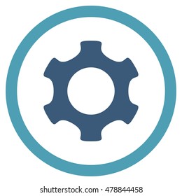 Gear vector bicolor rounded icon. Image style is a flat icon symbol inside a circle, cyan and blue colors, white background.