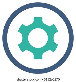 Gear vector bicolor rounded icon. Image style is a flat icon symbol inside a circle, cobalt and cyan colors, white background.
