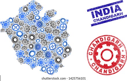 Gear vector Chandigarh City map collage and stamps. Abstract Chandigarh City map is constructed from gradient randomized gears. Engineering territory plan in gray and blue colors,