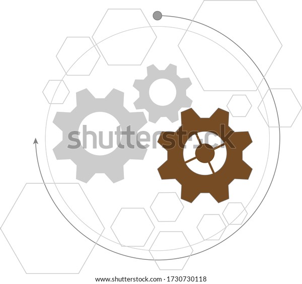 Gear vector in circles, arrows and\
transparent hexagon on a white\
background.
