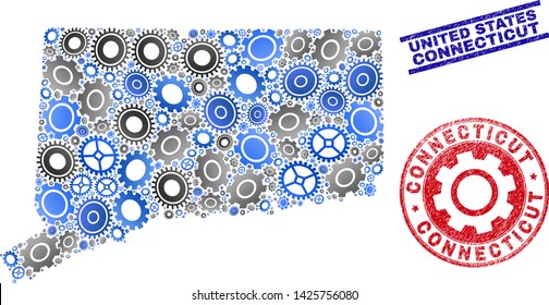 Gear vector Connecticut State map collage and seals. Abstract Connecticut State map is organized of gradient random gear wheels. Engineering territory plan in gray and blue colors,