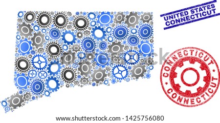 Gear vector Connecticut State map collage and seals. Abstract Connecticut State map is organized of gradient random gear wheels. Engineering territory plan in gray and blue colors,