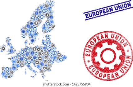 Gear vector European Union map composition and seals. Abstract European Union map is created from gradient randomized gearwheels. Engineering territorial scheme in gray and blue colors,