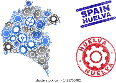 Gear vector Huelva Province map collage and stamps. Abstract Huelva Province map is done of gradiented random gear wheels. Engineering geographic plan in gray and blue colors,