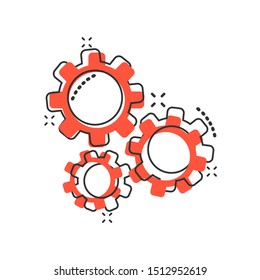 Gear vector icon in comic style. Cog wheel cartoon illustration on white background. Gearwheel cogwheel business concept splash effect.