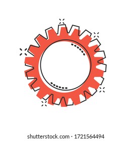 Gear vector icon in comic style. Cog wheel cartoon illustration on white isolated background. Gearwheel cogwheel splash effect business concept.