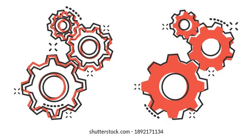Gear vector icon in comic style. Cog wheel cartoon illustration on white isolated background. Gearwheel cogwheel splash effect business concept.