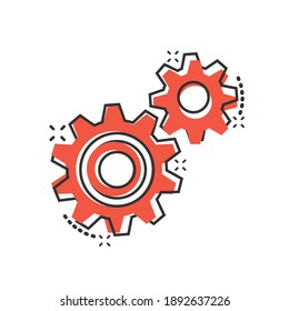 Gear vector icon in comic style. Cog wheel cartoon illustration on white isolated background. Gearwheel cogwheel splash effect business concept.