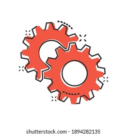 Gear vector icon in comic style. Cog wheel cartoon illustration on white isolated background. Gearwheel cogwheel splash effect business concept.