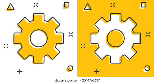 Gear vector icon in comic style. Cog wheel cartoon illustration on white isolated background. Gearwheel cogwheel splash effect business concept.
