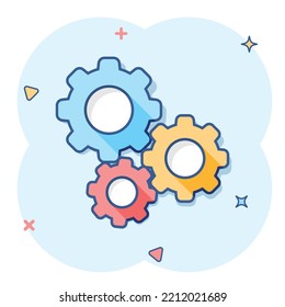 Gear vector icon in comic style. Cog wheel cartoon illustration on white background. Gearwheel cogwheel business concept splash effect.