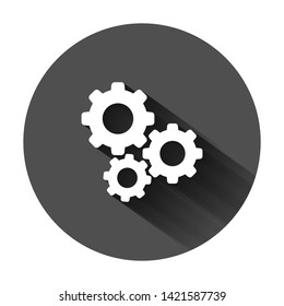 Gear vector icon in flat style. Cog wheel illustration on black round background with long shadow. Gearwheel cogwheel business concept.