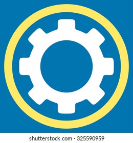 Gear vector icon. Style is bicolor flat symbol, yellow and white colors, rounded angles, blue background.