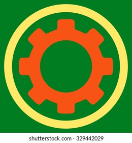 Gear vector icon. Style is bicolor flat symbol, orange and yellow colors, rounded angles, green background.