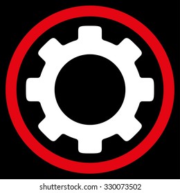 Gear vector icon. Style is bicolor flat symbol, red and white colors, rounded angles, black background.