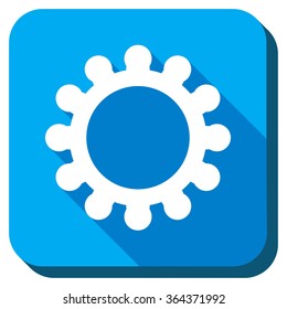Gear vector icon. Style is rounded square light blue button with long shadows. Symbol color is white.