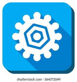 Gear vector icon. Style is rounded square light blue button with long shadows. Symbol color is white.