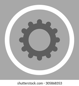Gear vector icon. This rounded flat symbol is drawn with dark gray and white colors on a silver background.